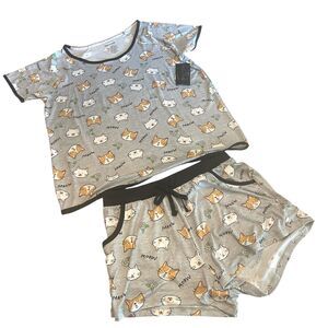NWT Pillow Talk Womens Large Pajama Cat Print Pajama Set Short Sleeves Shorts